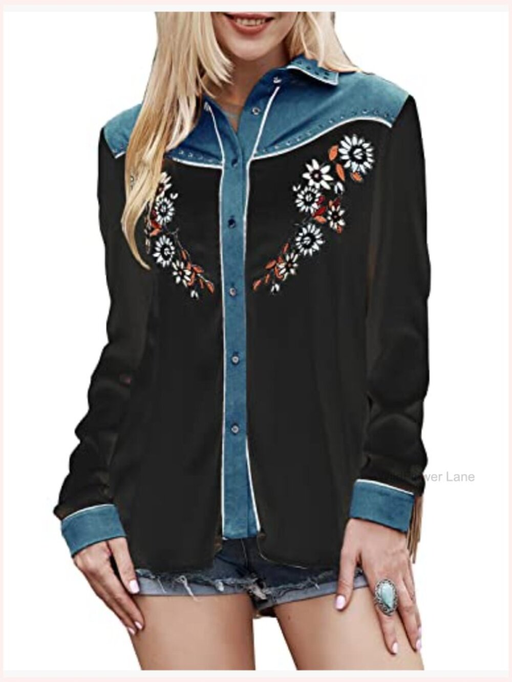 Embroidered Western Button Down Shirt Cowgirl Fringe Long Sleeve Blouses - Picture 3 of 7